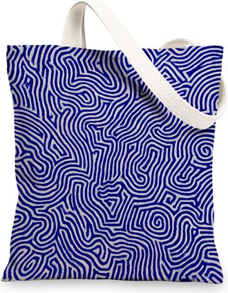 Generic Abstract Line Pattern Canvas Tote Bag, Stylish Reusable Grocery Bag, Lightweight Blue Shoulder Strap 13x15 Inch
