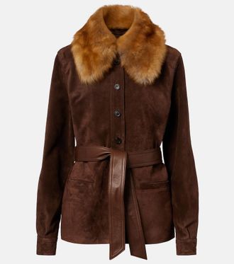 Saint Laurent Belted shearling-trimmed suede jacket