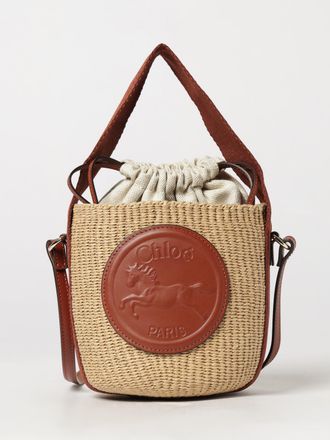 Chlo&eacute; Mini borsa a secchiello Horse Medal in rafia bicolore con tracolla