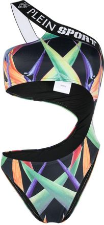 Plein Sport graphic-print one-shoulder swimsuit - women - Elastane/Polyester - S - Black