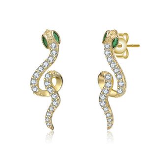 Rachel Glauber 14K Gold Plated with Emerald Green Eyed Snake Drop Earrings