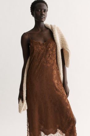 H&M Lace-trimmed Brocade Dress in Dark Brown at Nordstrom, Size X-Small