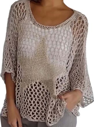 Generic Wrap Skirt Cover up Summer Crochet Hollow Out 3/4 Sleeve Pullover Loose Top (Khaki, XXXXL)
