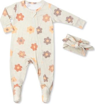 Everly Grey Jersey Long Sleeve Footie & Head Wrap Set in Daisies at Nordstrom, Size Newborn