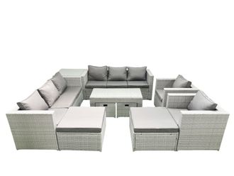Fimous Rattan Garden Furniture Set Outdoor Lounger Sofa with Coffee Table 4 Footstools Side Table Light Grey Mixed