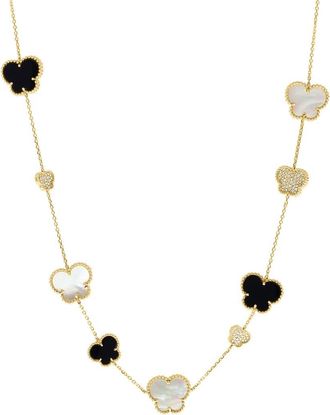 Effy 14K Yellow Gold Diamond Mother of Pearl & Onyx Clover Station Necklace in 14K Gold at Nordstrom, Size 18