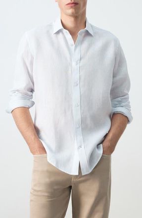 Mango Stripe Slub Linen Button-Up Shirt in Sky Blue at Nordstrom, Size Xx-Large