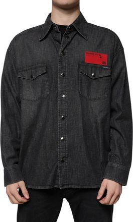 Dolce & Gabbana Black Logo Cotton Button Down Denim Mens Shirt
