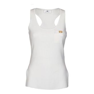 Elisabetta Franchi Sleeveless Tops, female, Beige, Size: L Ivory Sleeveless Wide Neck Top