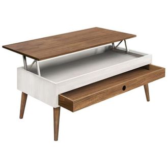 HOGAR 24 Mesa Centro Elevable Madera Caj&oacute;n Deslizante Color Blanco y Encerado