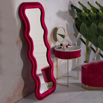 Dmora Espejo Allen, Marco Ondulado Efecto Terciopelo, Forma Rectangular, Para Pared, 60x160h Cm Rosa