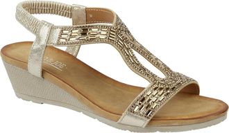 Jo & Joe Ladies Mid Heel Wedge Comfort Sandal with Glitzy Jewels and Elasticated Slingback Strap, Flexible sole sizes 4-8 (Rose Gold, UK Footwear Size System, 