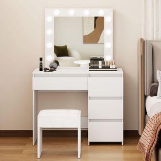 Levede Vanity Makeup Dressing Table White with Led Light Mirror Drawer PU Stool in Bright Green