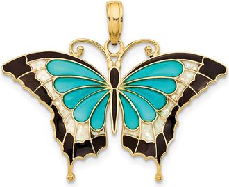 Diamond2Deal 14k Yellow Gold Blue Enameled Butterfly Pendant