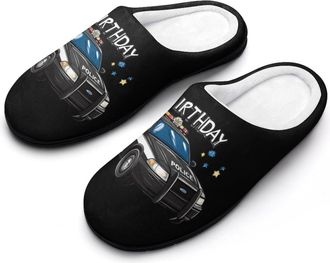 Generic Birthday Police Car Policeman Womens Slippers Warm House Slippers Indoor House Shoes with Anti-Skid Rubber Sole