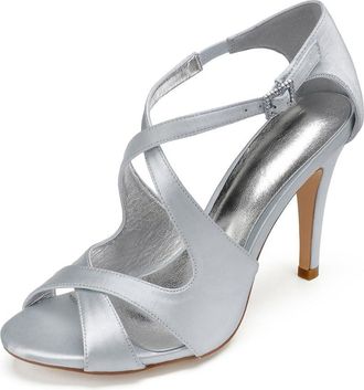 Generic High Heel Sandals Women Bridal Peep Toe Ankle Straps Stiletto Satin Evening Party Prom Wedding Bridal Shoes 10.5Cm,Silver,9 UK