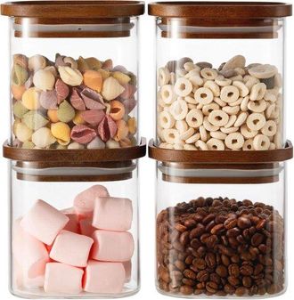 No Brand Apto Para Juego De 4 Tarros De Almacenamiento De 800 Ml Con Tapas De Madera, Herm&eacute;ticos, De Vidrio De Borosilicato, Apilables, Cuadrados, Tipo Espague