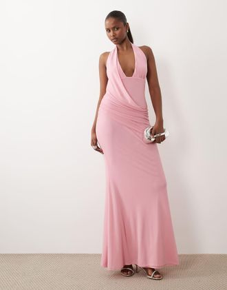 Asos Vestito lungo allacciato al collo rosa confetto con fascia drappeggiata