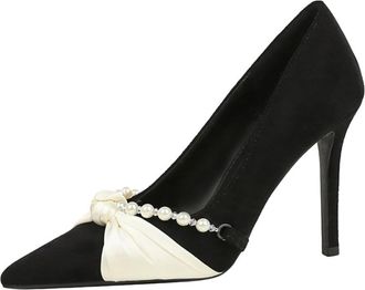 Generic Women Pointed Toe Stiletto High Heels 10CM Satin Wedding Pumps Pearl Chain Bow Suede Shoes for Bride Prom Party (Black,8.5)