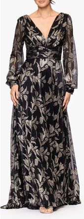 Betsy & Adam Metallic Floral Long Sleeve Crinkle Mesh Gown in Black/gold at Nordstrom, Size 12