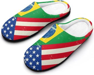 Generic US & Brazil Flag Funny Mens Cotton Slippers Soft Non-Slip Rubber Sole House Slipper Indoor Outdoor