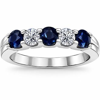 Pompeii3 1Ct Blue Sapphire & Lab Grown Diamond Wedding Ring 5 Stone 14k White Gold Size Selectable