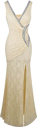 Angel Fashions Womens V Neck Lace Split Ruffled Beading Sheath Dress Champagne Size 14