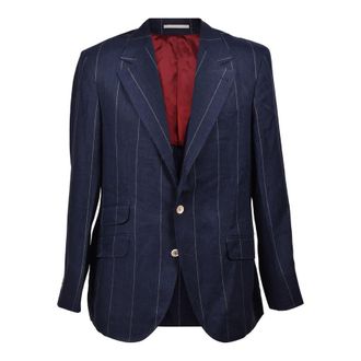 Brunello Cucinelli Navy Linen Striped Three-Button Suit, Brand Size 50 (US Size 40)