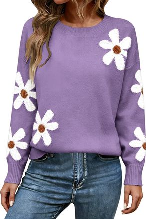 Generic Womens Jumpers Floral Print Crewneck Long Sleeve Knit Sweater Ladies Fashion Casual Knitwear(Purple, XL)