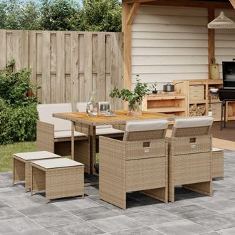 vidaXL Set Comedor De Jard&iacute;n 9 Pzas Con Cojines Rat&aacute;n Sint&eacute;tico Beige Vidaxl