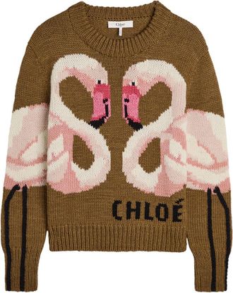 Chlo&eacute; Flamingo and Logo-intarsia Wool Jumper - Brown Other - S (UK8-10 / S)