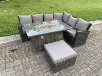 Fimous Outdoor High Back Rattan Gas Fire Pit Corner Sofa Dining Set Garden Furniture Heater Dining Table Right Side in Dark Grey