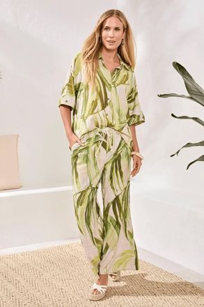 Tribal Flowy Linen Drawcord Waist Flare Pants In Mint Leaf