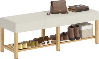 HOMCOM Homcom Banco Zapatero, Banco Recibidor Moderno, Asiento Acolchado 2 Personas, Estante Abierto, Marco De Madera, 140x44x48 Cm, Crema Y Madera Natural