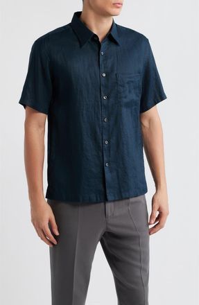 Theory Irving Solid Short Sleeve Linen Button-Up Shirt in Baltic at Nordstrom, Size Xx-Large