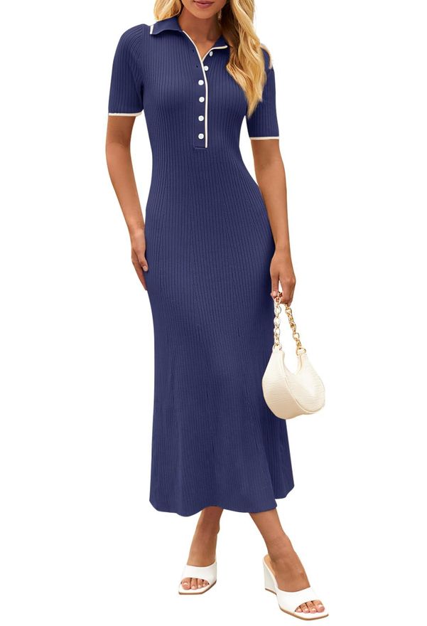 Merokeety Womens V Neck Ribbed Knit Maxi Dress Button Short Sleeve Slim Fit  Bodycon Sweater Dress, Navy, XL from £54.45