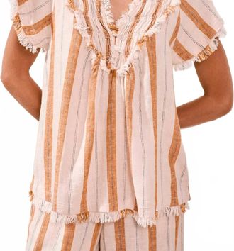 Tribal Textured Smocked V-Neck Short-Sleeve Blouse In Sahara Beige