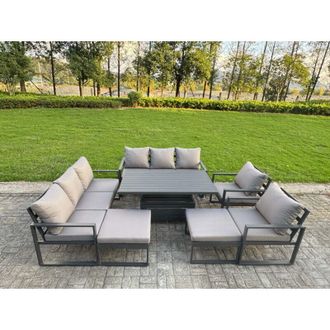 Fimous Fimous Garden Aluminium Furniture Set Dark Grey 10 Seater Outdoor Patio Adjustable Rising Lifting Dining Table with 2 Big Footstools Side Table Dark