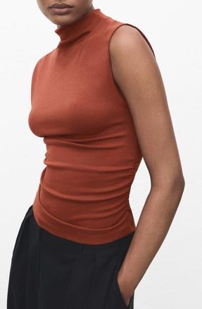 Mango Ruched Mock Neck Sleeveless Top in Russet at Nordstrom, Size X-Large