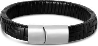 Bruno Magli Mens Classic Black Leather Bracelet, Silver