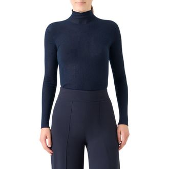 Akris Cashmere & Silk Rib Funnel Neck Sweater in Dark Navy at Nordstrom, Size 14