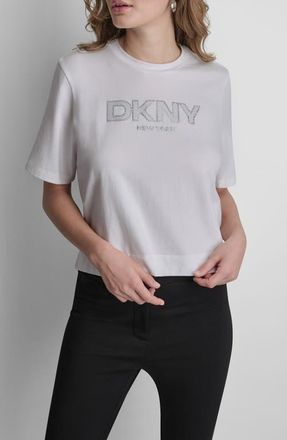 DKNY Rhinestone Border Logo Stretch Cotton Graphic T-Shirt in White at Nordstrom, Size Xx-Small