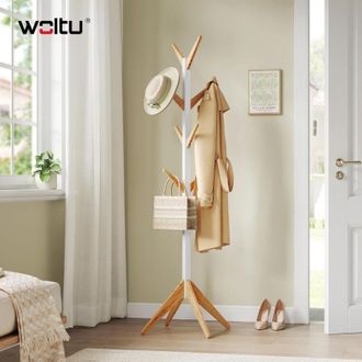 Woltu Perchero Madera De Pie Tipo De &Aacute;rbol Para Colgar Ropa Con 8 Ganchos En 4 Niveles Altura De 180 Cm Color Blanco + Naturaleza Mdf - Woltu