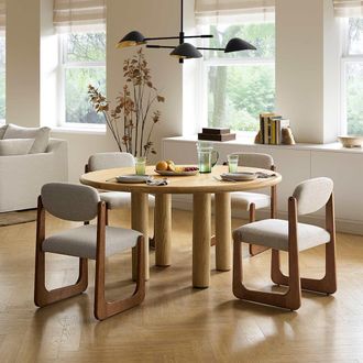 Castlery Extended Rounded Edges Round Dining Table with Pillar-Style Legs - Brown | Ashen by Castlery