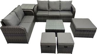 Fimous Wicker pe Rattan Garden Outdoor Furniture Set Love Sofa Square Coffee Table Set with 3 Stools Side Table Dark Grey Mixed - Fimous