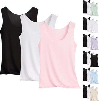 Generic 3PC Sleeveless Tops for Women UK Plus Size Silk Vest Tops Summer Tank Tops Basic Camisole Basic Shirt V-Neck Cami Sihrt wear Nightshirts Breathable Bl
