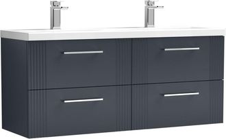 Balterley Partial Fluted 4 Drawer Wall Hung Vanity Unit with Double Ceramic Basin - 1200mm - Satin Dark Grey