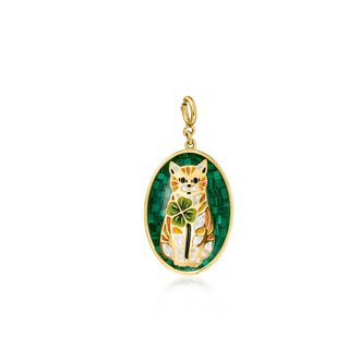Ross-Simons Mother-Of-Pearl, Malachite and Multicolored Enamel Cat With Clover Mosaic Charm in 18kt Gold Over Sterling