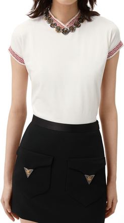 Versace Greca Trim Stretch Cotton Jersey T-Shirt in Optical White at Nordstrom, Size 38
