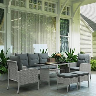 OUTSUNNY 6 Pieces Rattan Garden Furniture Sofa Set with Cushions, Grey